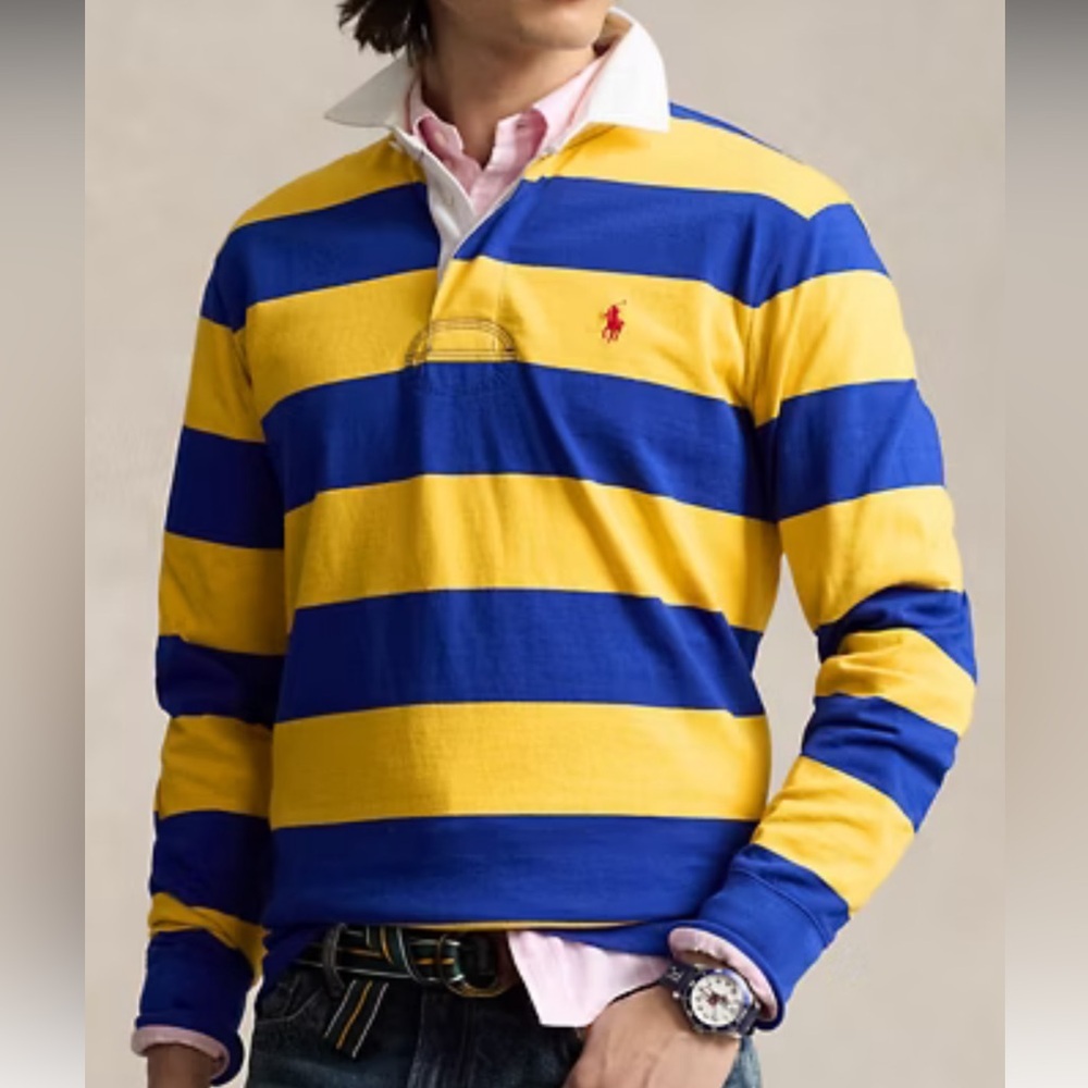 NWT The Iconic Rugby Shirt Polo Ralph Lauren Men’s Sz L Navy/Yellow Stripe